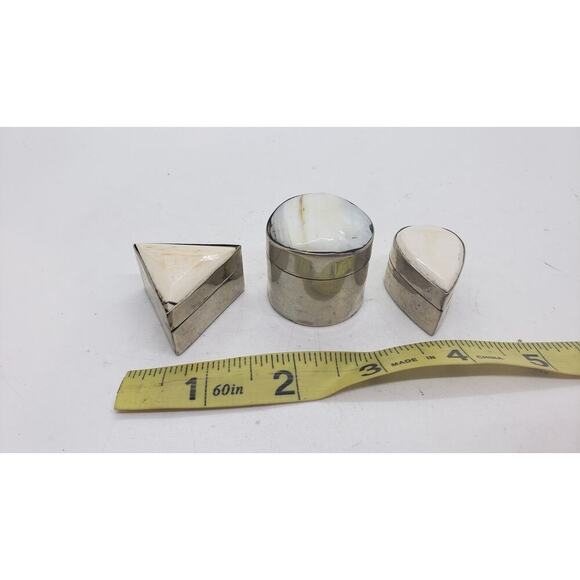 Vintage Silver Trinket Jewelry Pill Stash Box Set Shell Inlay Geometric 3 pcs - Picture 9 of 10